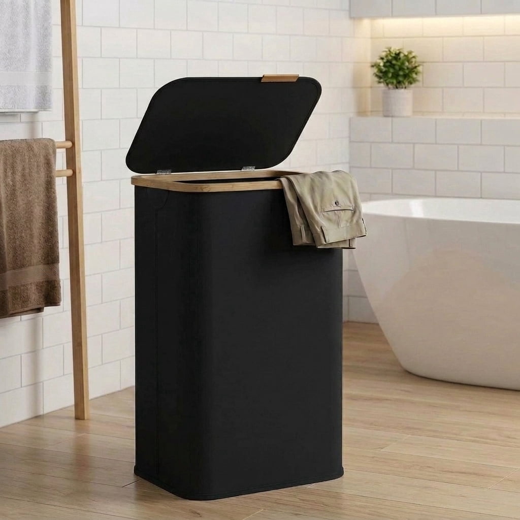 LEDREM Laundry Hamper with Lid 100L, Large Foldable Clothes Basket with Bamboo Handles, Tall Fabric Hamper for Bedroom, Bathroom, Dorm, Ink Black