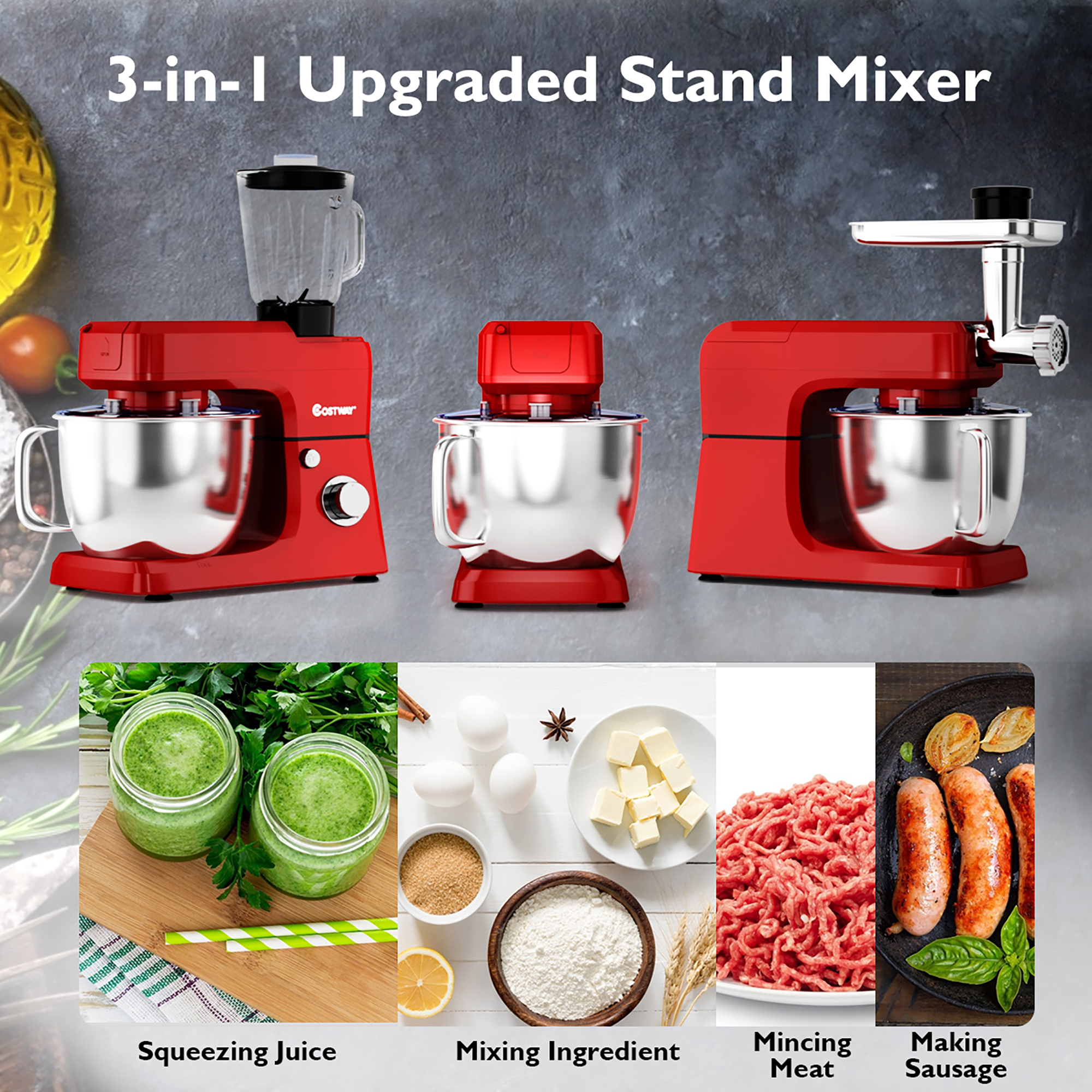 Costway 3 in 1 Multi-functional 800W Stand Mixer Meat Grinder Blender Sausage Stuffer Red - image 5 of 10