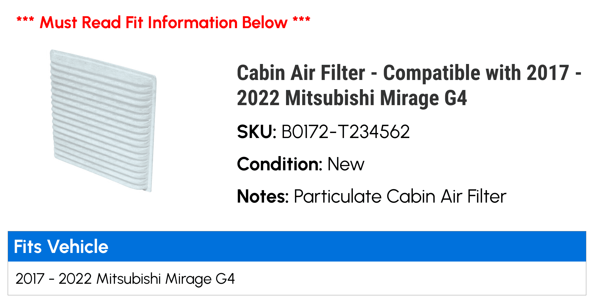 Cabin Air Filter - Compatible with 2017 - 2022 Mitsubishi Mirage G4 2018 2019 2020 2021