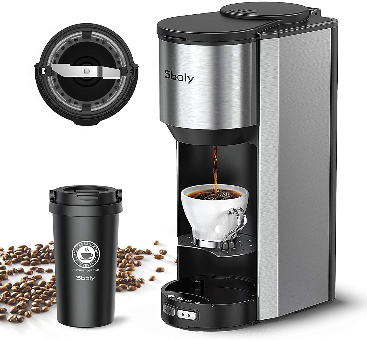 Details about   Sboly 2 In 1 Coffee Machine with Travel Mug K-cup Pod Ground Coffee 3min Single 