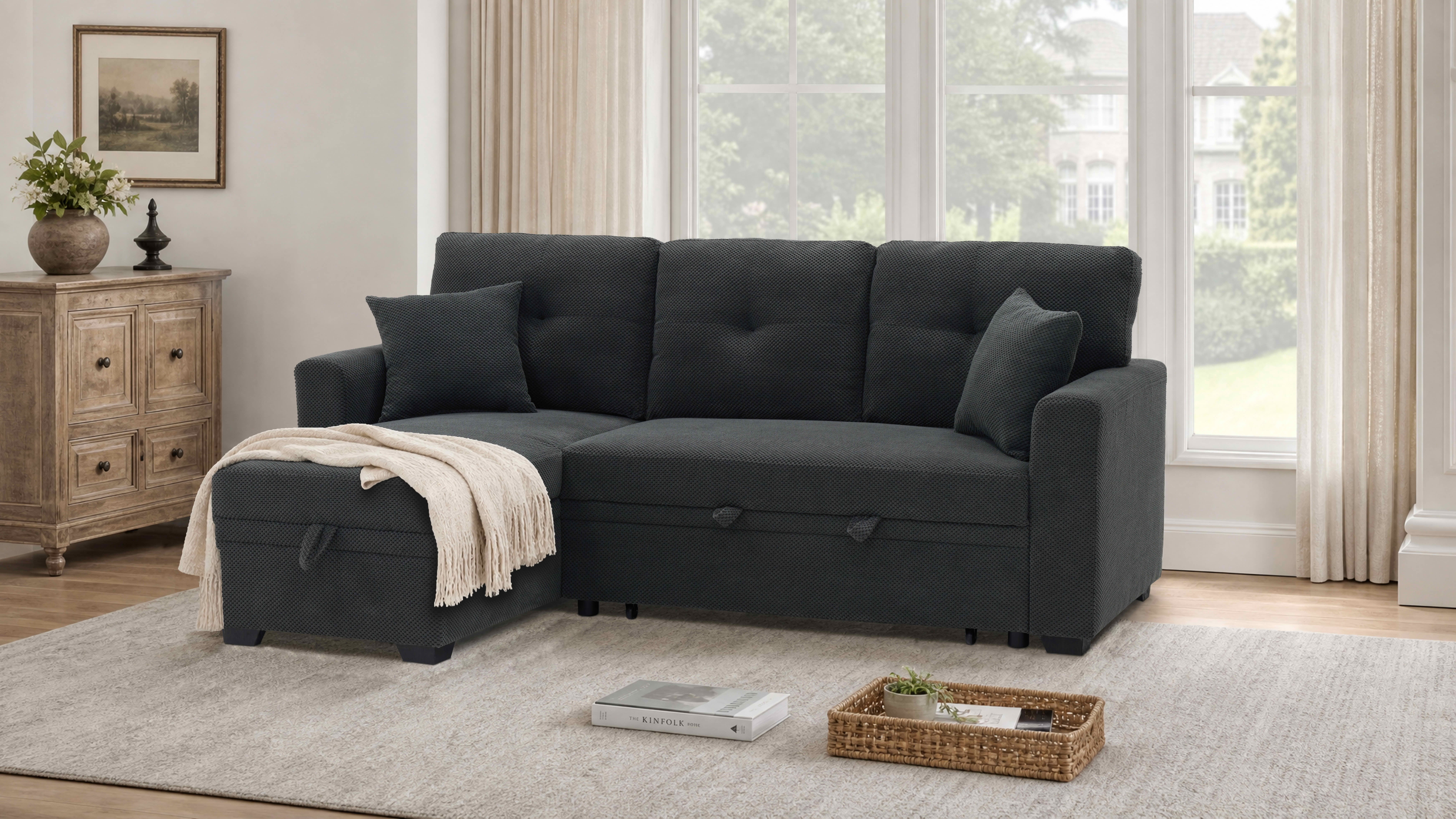 MAYEERTY L‑Shaped Sleeper Sectional Sofa, Convertible Pull‑Out Bed with Reversible Storage Chaise, Dark Gray Breathable Polyester Fabric for Small Living Spaces