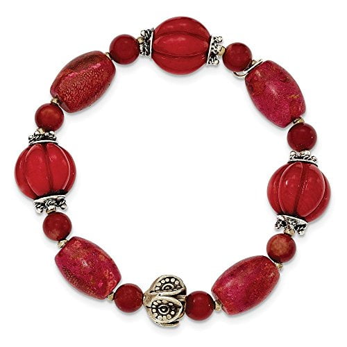 .925 Sterling Silver Antiqued Beads & Red Coral Stretch Bracelet by SSQGold-Bracelet