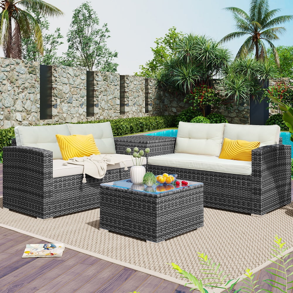 clearance! wicker patio sets, 4 piece patio furniture sets with loveseat  sofa, storage box, tempered glass coffee table, all-weather patio