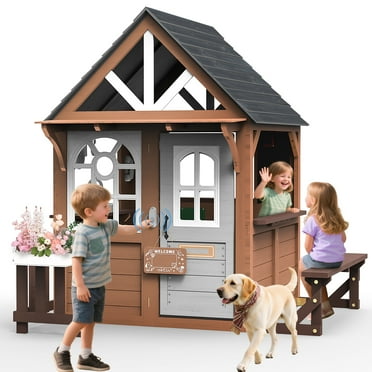iYofe Outdoor Playhouse for Kids 3 , Wood Kids Playhouse with Play Kitchen, Full Door, Toy Phone, Bench, Planter Pots, Window, Toddler Playhouse Kids Outdoor Playset Equipment for Interactive Play