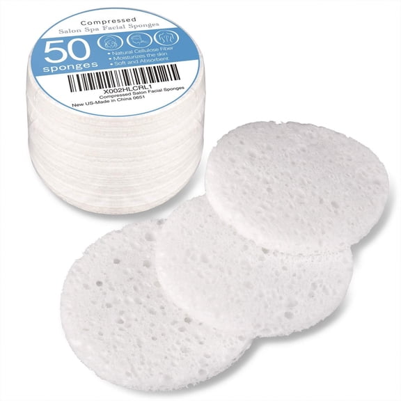 Emlimny 50 Count Compressed Facial Sponges, White Exfoliating Sponge Cellulose Natural Cosmetic Spa Sponges for Facial Cleansing, Exfoliating Mask, Makeup Removal