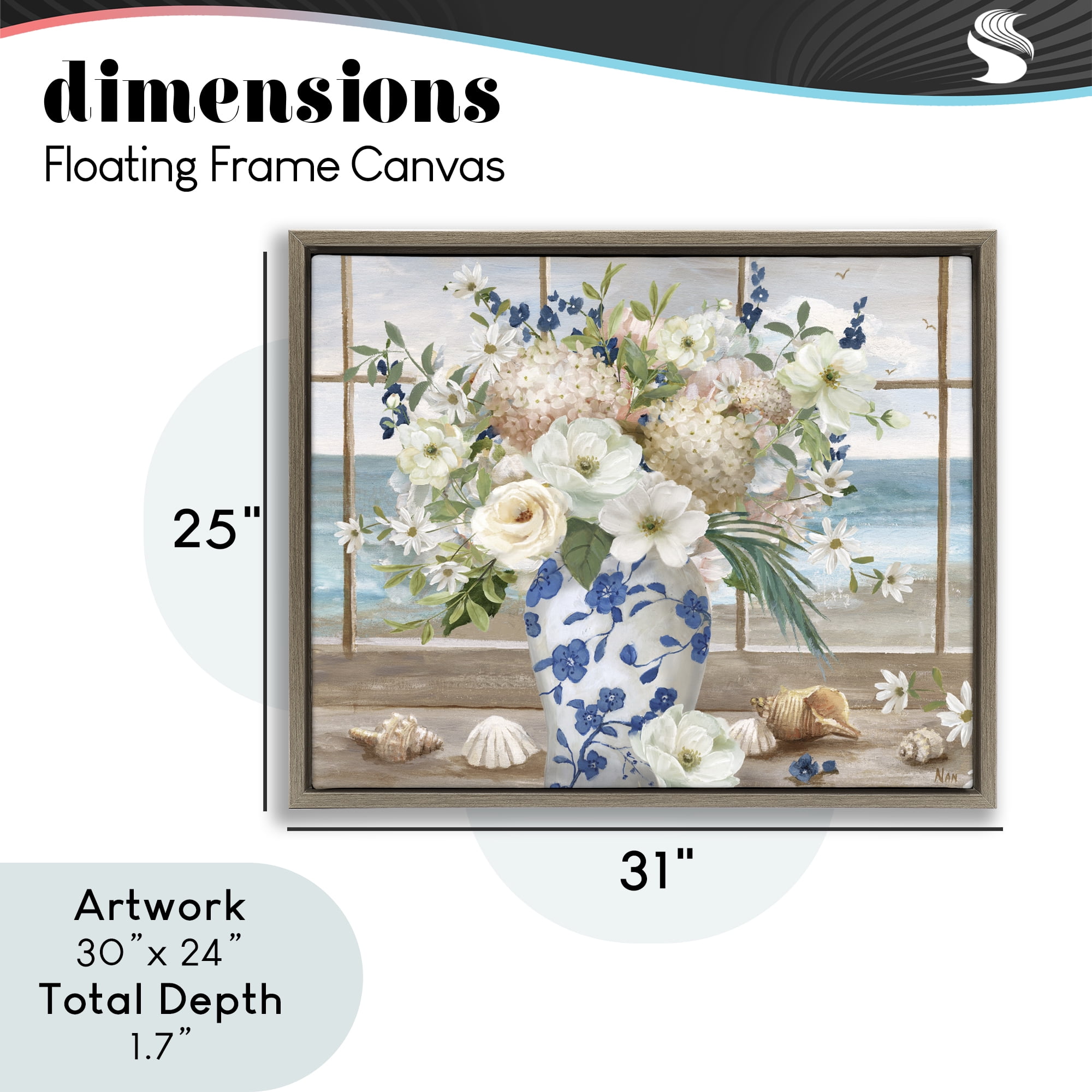 Stupell Industries Seashells & Flowers Windowsill Brown Framed Floater Canvas Wall Art, design by Nan