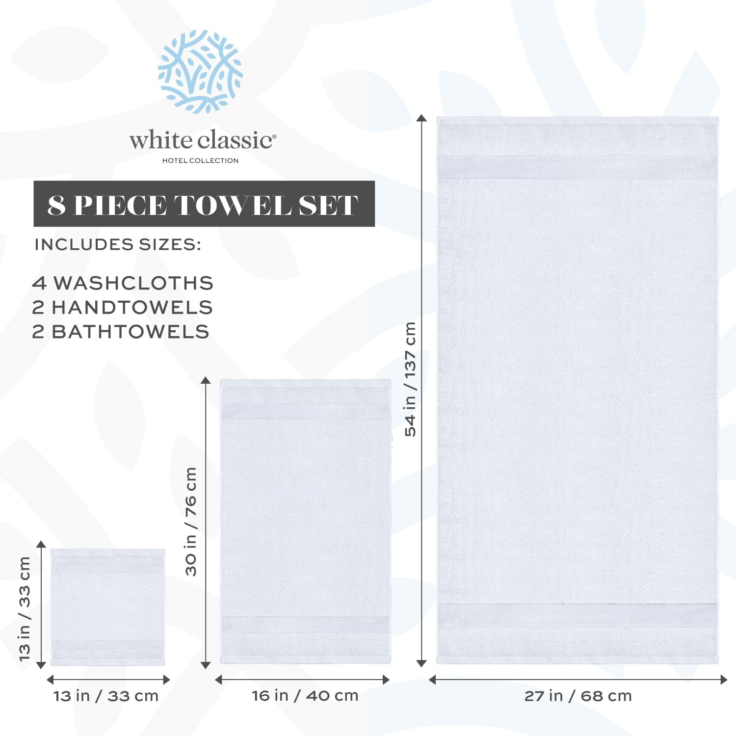 White Classic Luxury 100% Cotton 8 Piece Towel Set - 4X Washcloths, 2x Hand, and 2x Bath Towels - Gray-White
