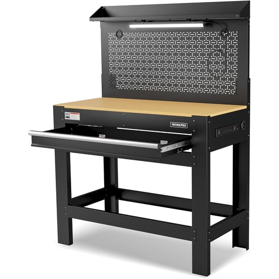 WORKPRO 45" Garage Workbench with Storage, Heavy-Duty Workbench with Pegboard, Power Outlets and Light, 800 LBS Work Bench for Garage, Warehouse, Workshop, Repair Shop