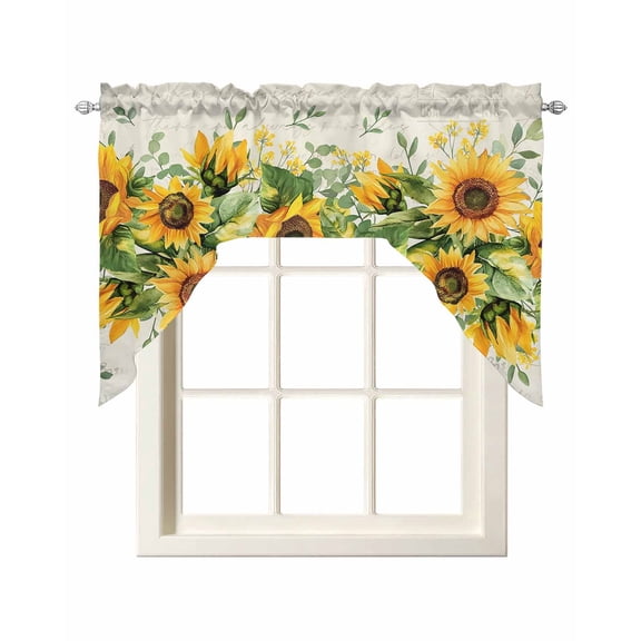 Sunflower Kitchen Curtains Swag Valance for Windows/Bathroom/Cafe, Country Botanical Yellow Green Floral Leaf Rod Pocket Drape Panel Swag Curtain Valance for Bedroom/Living Room 55''x36''