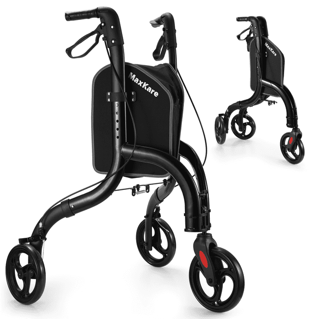 MaxKare Déambulateur à Roulettes Pliant avec Grand Sac de Rangement et Poignée de Frein, Déambulateur à 3 Roues pour Aînés, Léger, Hauteur Ajustable, Supporte jusqu'à 300 Lb