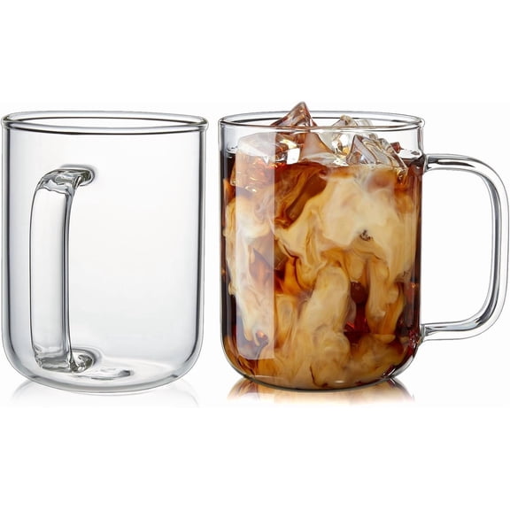 Glass Coffee Mugs, 12 oz iced coffee cups, Clear Cups Set of 2, Glass Mugs with Handles, Glass Cups for Latte, Cappuccino, and