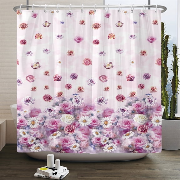 Nordic Style Watercolor Rose Floral Shower Curtain Flowers Waterproof Bathroom