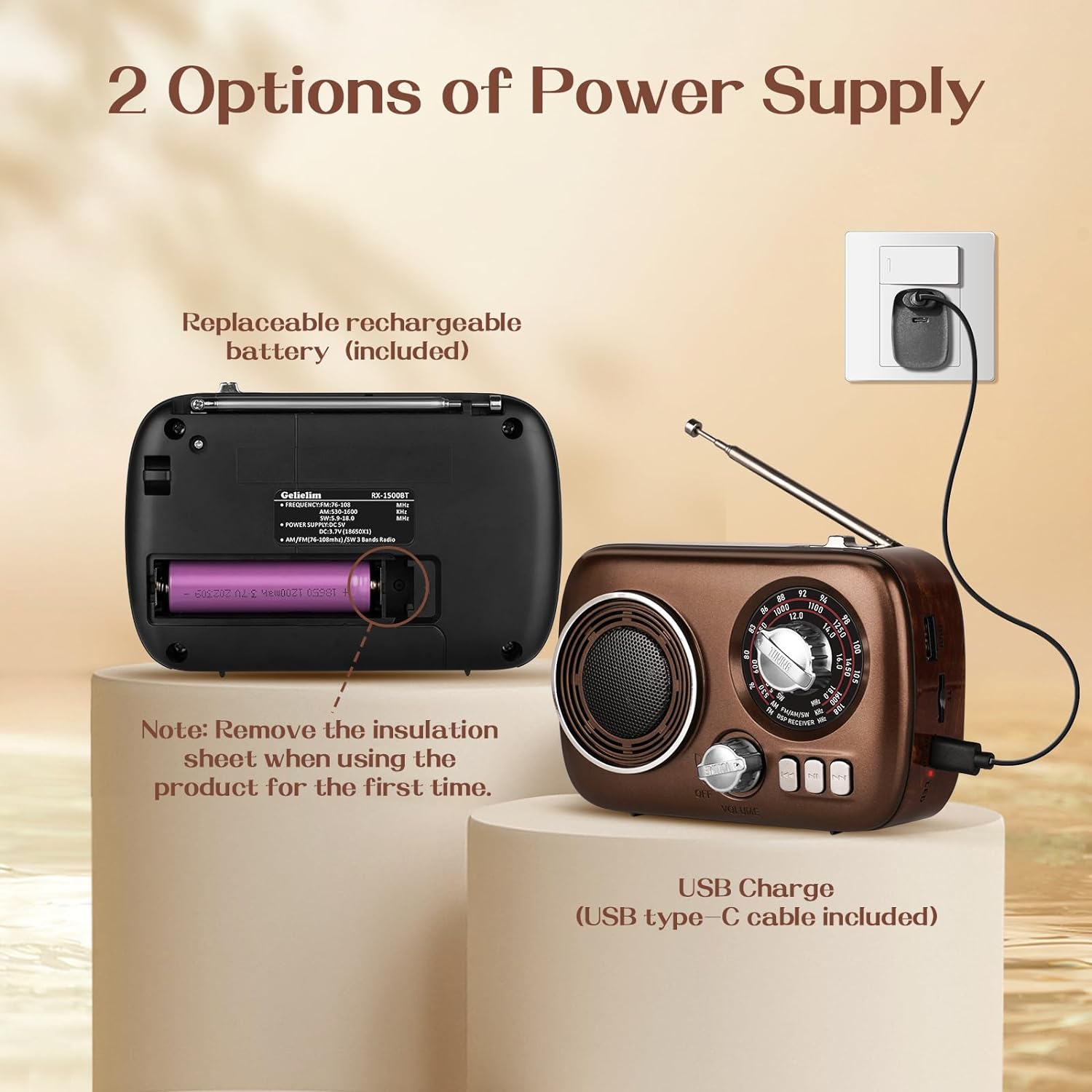 Gelielim Portable Radio AM FM, Bluetooth Speaker Retro Radio, Support USB/TF Card, Rechargeable Battery Operated, Suitable for Indoor&Outdoor, Gift for Parents