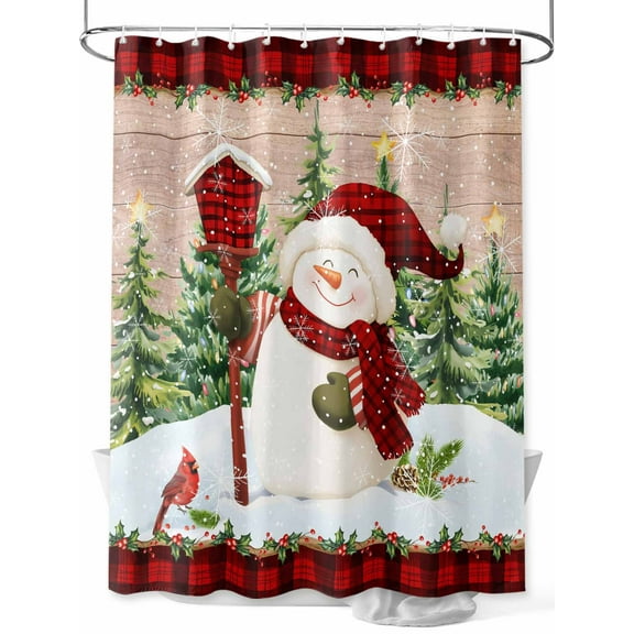 Christmas Snowman Shower Curtain Set ，Waterproof Fabric Shower Curtains Xmas Tree Forest Snowflake Wood Red Plaid Shower Curtains for Bathroom,Bathroom Decor 72"x78"