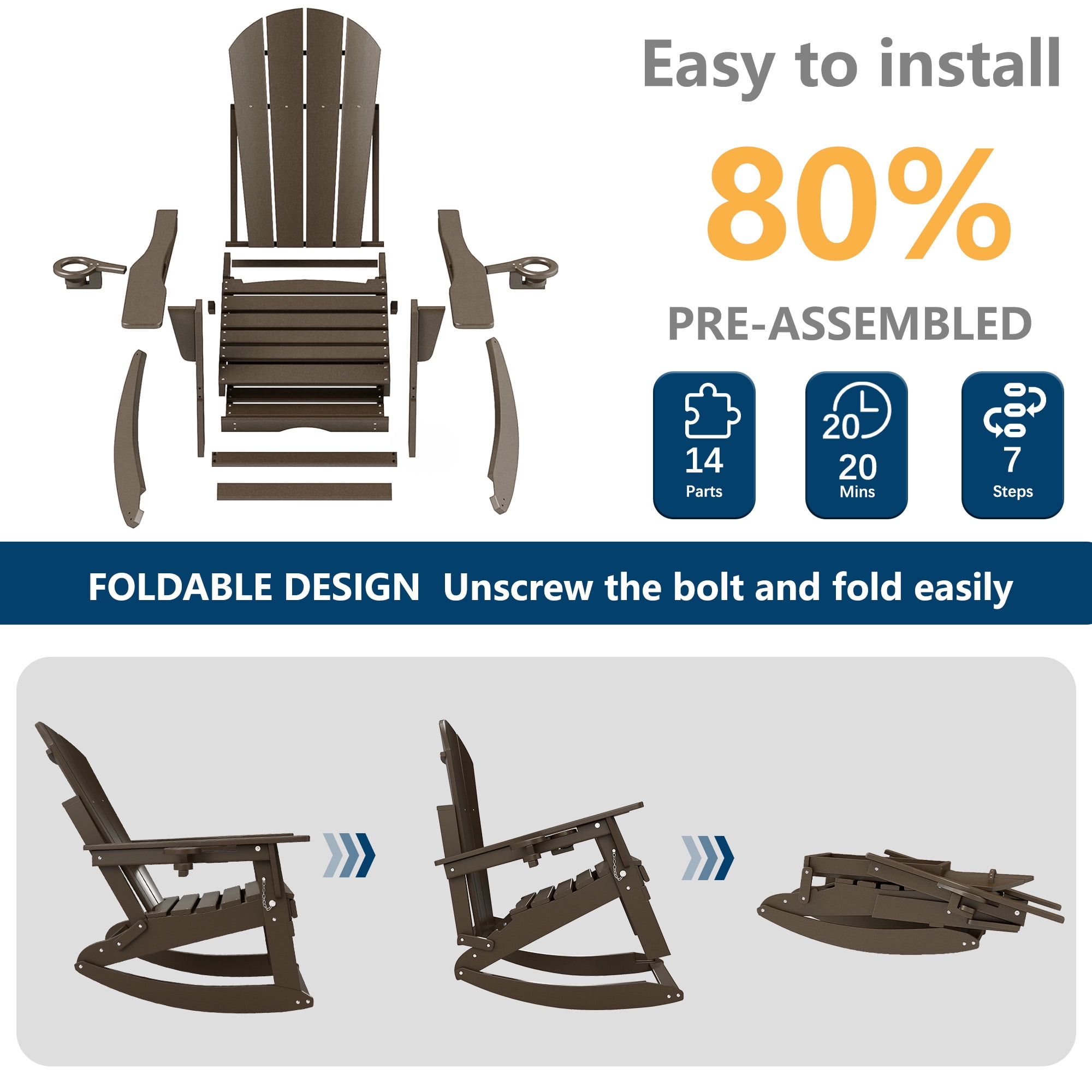 FOOWIN HDPE Plastic Rocking Adirondack Chair, Folding Rocking Chairs for Patio Porch Rocker Chair, Coffee
