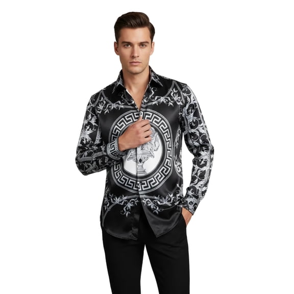 Men Satin Silky Shirt Oscar Banks Turkey Singer Stage Performer 6432 Black Lions