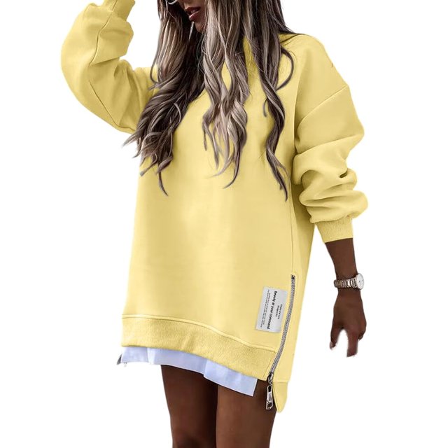 CHICME Womens Zipper Slit Long Sleeve Sweatshirt Dress Casual Pullover Tops Fall Outfit Yellow-XL