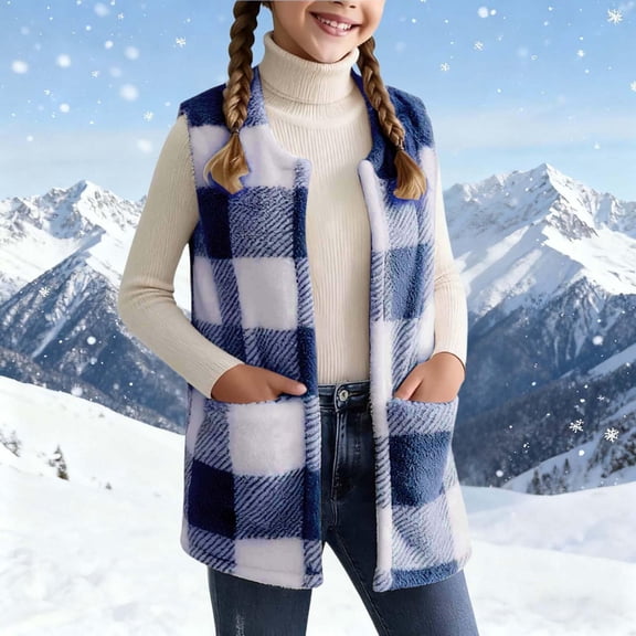 XXWXYD Girls Boys Flannel Plaid Vest Open Front Sher𝗉a Jacket Fuzzy Fleec𝖾 Sleeveless Lightweight Tops Outerwear Kids Thermal Vest Cardigan Vest