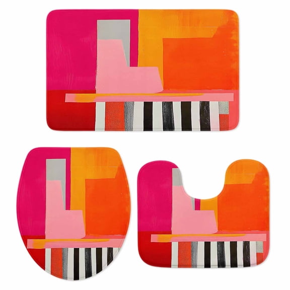 Pink Orange Bath Mat 3 Piece Bathroom Rug Set, Geometric Modern Abstract Oil Painting Non Slip Bath Rug Contour Mat and Toilet Lid Cover, Absorbent Shower Mats Soft Bath Rugs and Mats Sets