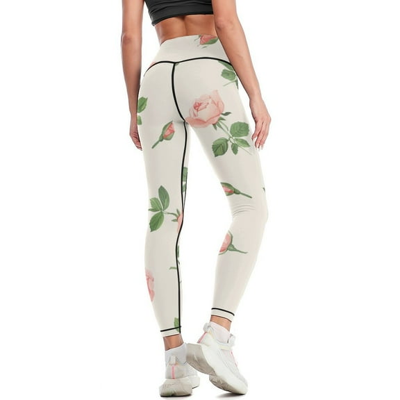 Rose Pattern High Waisted Leggings for Women Regular & Plus - No See Through Tummy Control Cycling Workout Yoga Pants without Pockets S