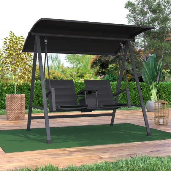 Mainstays Cobble Hill 2-Seat Steel Canopy Porch Swing With Centre Table, Black