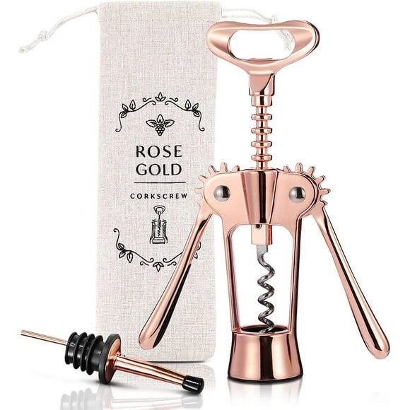Wine Bottle Opener Wing Corkscrew, Godmorn Rose Gold Beer Bottle Opener with Wine Pourer, Cute Stainless Steel Winged Corkscrew, Pink Cork Screw Wine Accessories for Kitchen Bars Mothers Day Gift