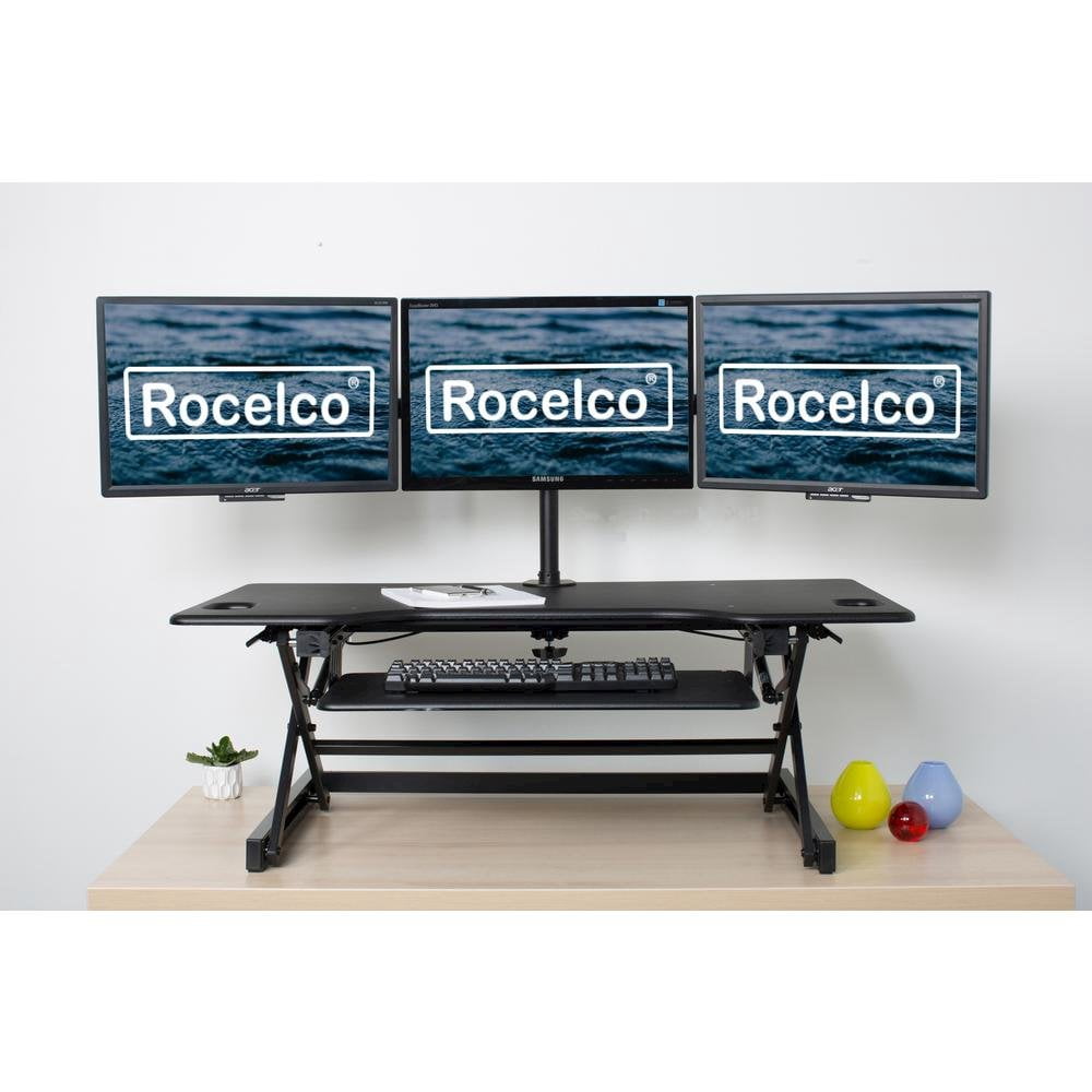 Rocelco 46" Large Height Adjustable Standing Desk Converter with Triple Monitor Mount BUNDLE - Quick Sit Stand Up Computer Workstation Riser - Retractable Keyboard Tray - Black