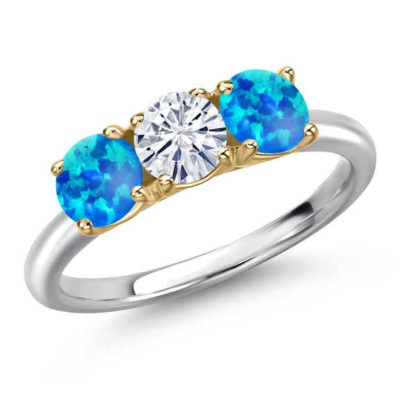 Gem Stone King 10K Two Tone Gold White Moissanite and Simulated Blue Opal Engagement Ring for Women | 1.50 Cttw | Round 5MM | Gemstone Birthstone | Size 5