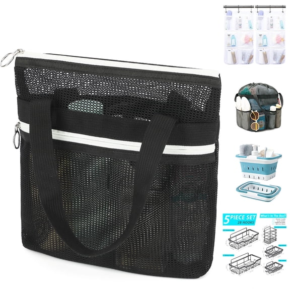 Fammart Mesh Shower Bag, Quick-Dry Shower Caddy with Zipper & 2 Pockets. Portable Toiletry Bag for Bathroom, Gym, Travel, Camp, Beach, Dorm & College Essentials (Black)