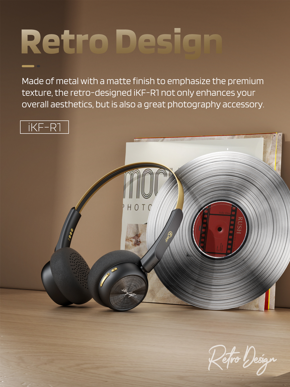 iKF R1 Wireless Retro Wireless Headphones Bluetooth 5.3 APP Custom Sound 60 Hours Playtime Game Mode Noise Isolation Built-in Microphone Throwback 80s 90s Design (Black Gold)