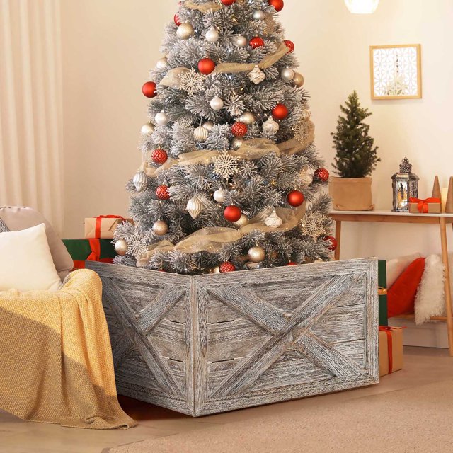 Gymax 37 x 27 inches Solid Wooden Christmas Tree Box w/ Hook & Loop Fasteners Grey