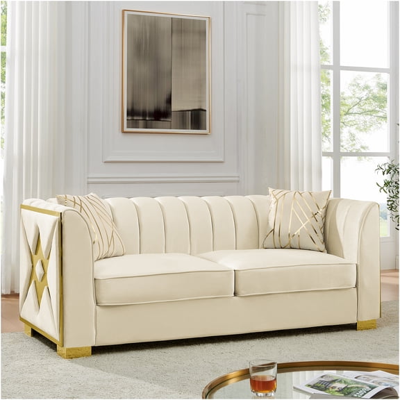 JERFIT 81" Modern Chesterfield Sofa with Gold Metal Legs, Plush Velvet 3-Seater Couch for Living Room, Beige