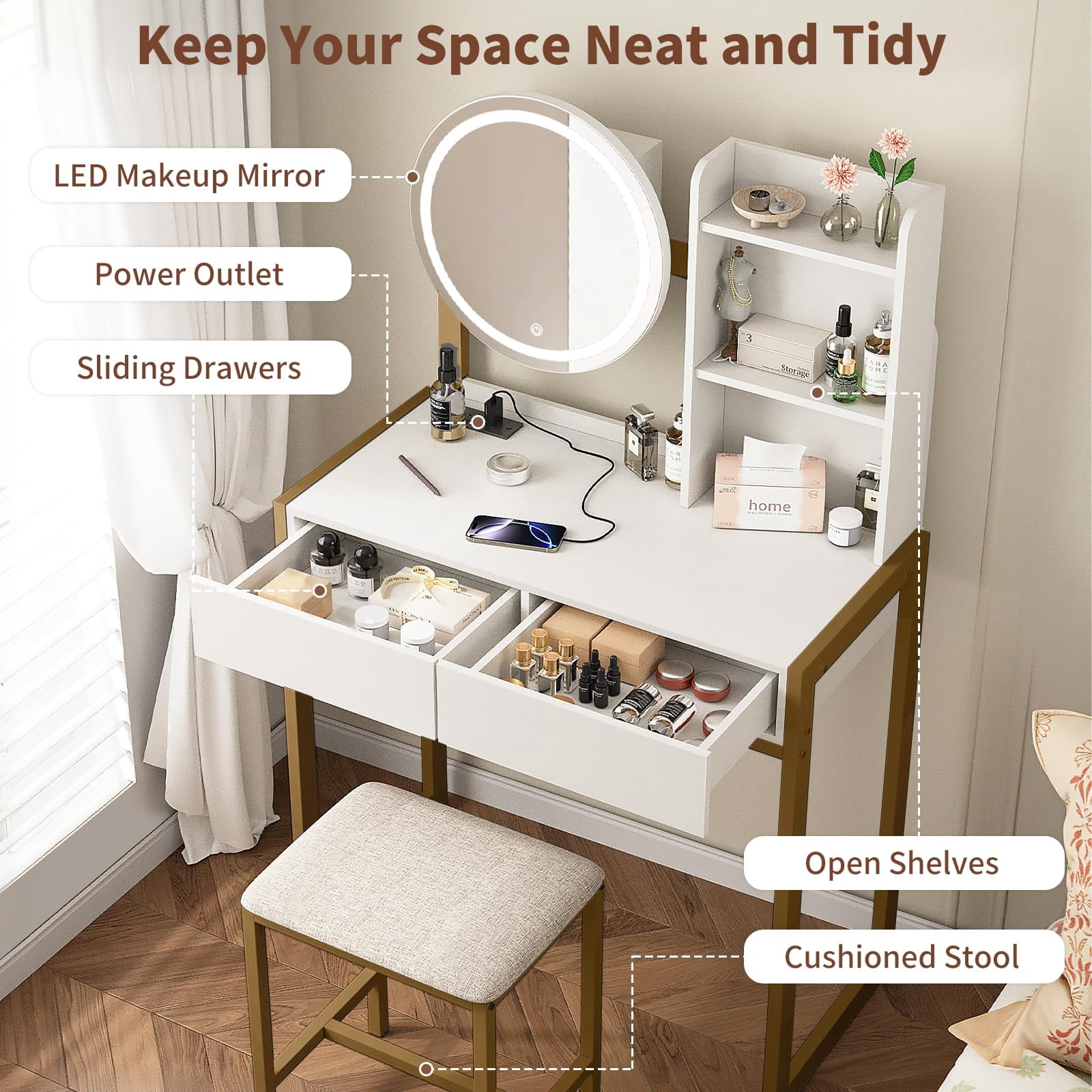 Small Vanity Desk with LED Mirror and Lights, Makeup Table with Built-in Power Outlet and USB Ports, 3 Lighting Modes Vanity with Stool for Bedroom, White and Gold