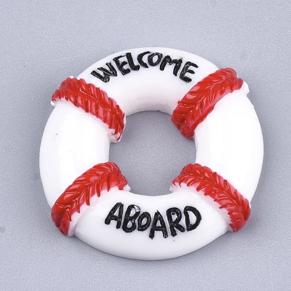 20pcs Resin Cabochons Life Ring/Lifebuoy/Cork Hoop with Welcome Aboard White 24.5x25x5.5mm