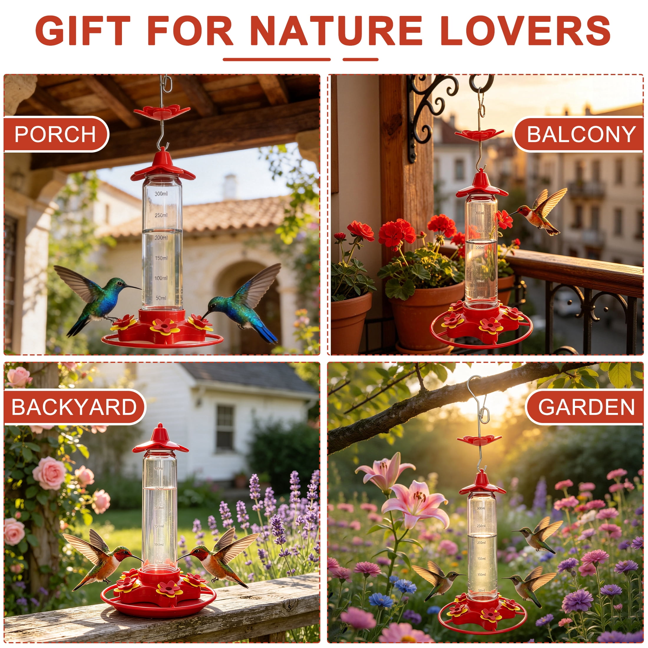 GARITIN Hummingbird Feeder 300ml, Anti-Ant Leak Proof Hanging Bird Nectar Feeder with Built-In Ant Moat for Outdoor Garden Yard