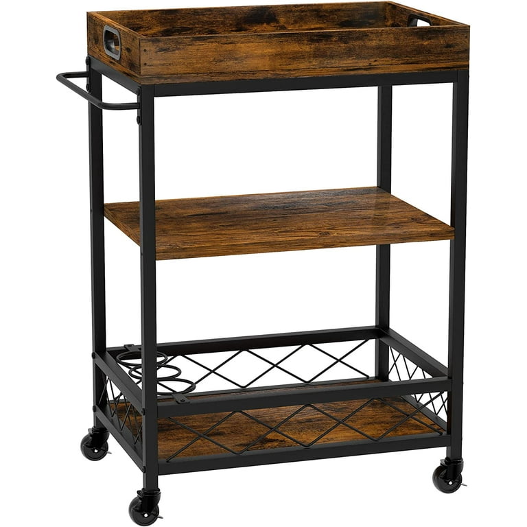 Litake Bar Cart, 3 Tier Bar Carts for The Home, Rustic Brown Bar Cart with  Wheels, Two Portable Trays, Wine Rack, Glasses Holder, Industrial Serving  Cart for Kichen, Living Room, Dining Room 