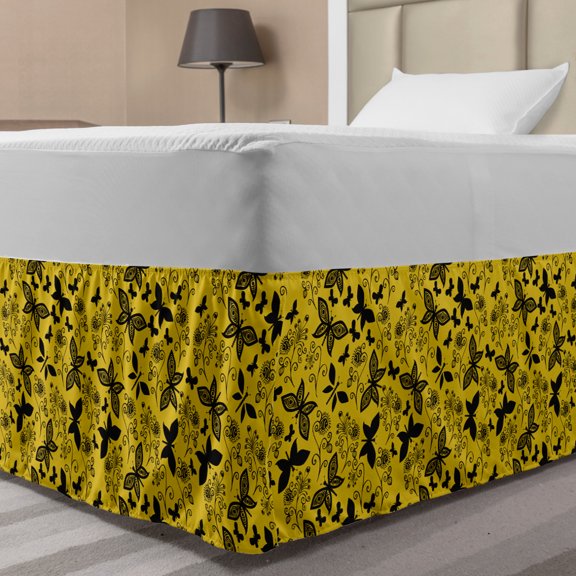 Romantic Bed Skirt, Abstract Monochromatic Pattern with Butterflies and Flowers, Elastic Bedskirt Dust Ruffle Wrap Around for Bedding Decor, 4 Sizes, Yellow Taupe Grey, by Ambesonne