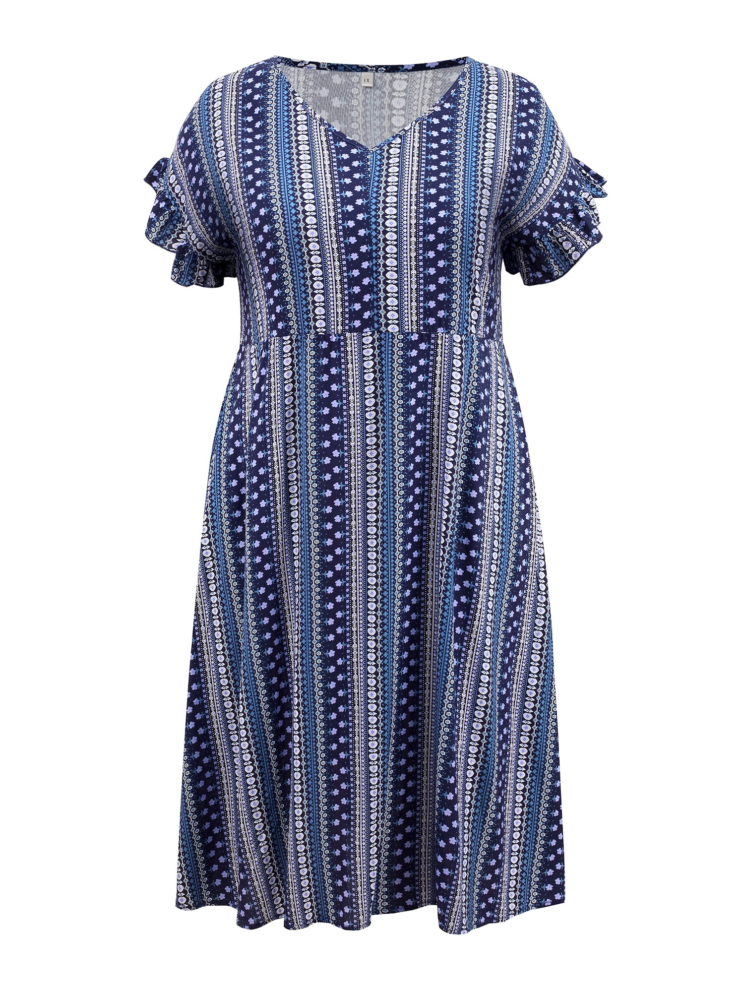 DARING DIVA Plus Size Boho V Neck Ruffle Sleeve Midi Dress 4X Navy Blue