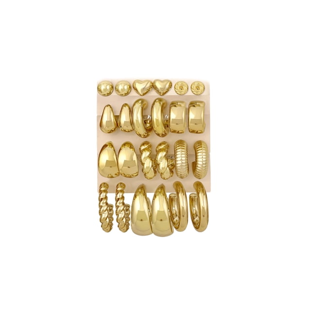 Set de aretes FANDY de 12 pares, baño de oro, hipoalergénicos