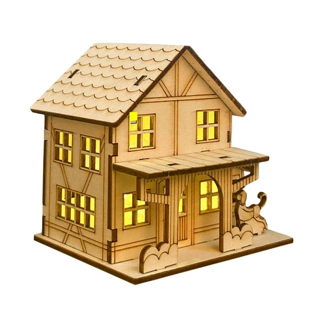 Escultura de casa de madera sin pintar y sin terminar, pueblo navideño. Estilo B 9.8x7.5x9.3cm