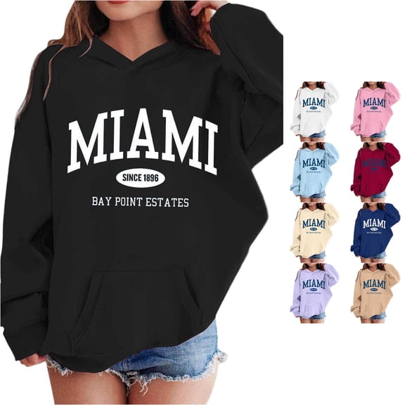 JAJAHO Girls Hoodies Miami City Letter Printed Long Sleeve Sweatshirt Kids Oversized Drop Shoulder Pullover Tops 2-13Y