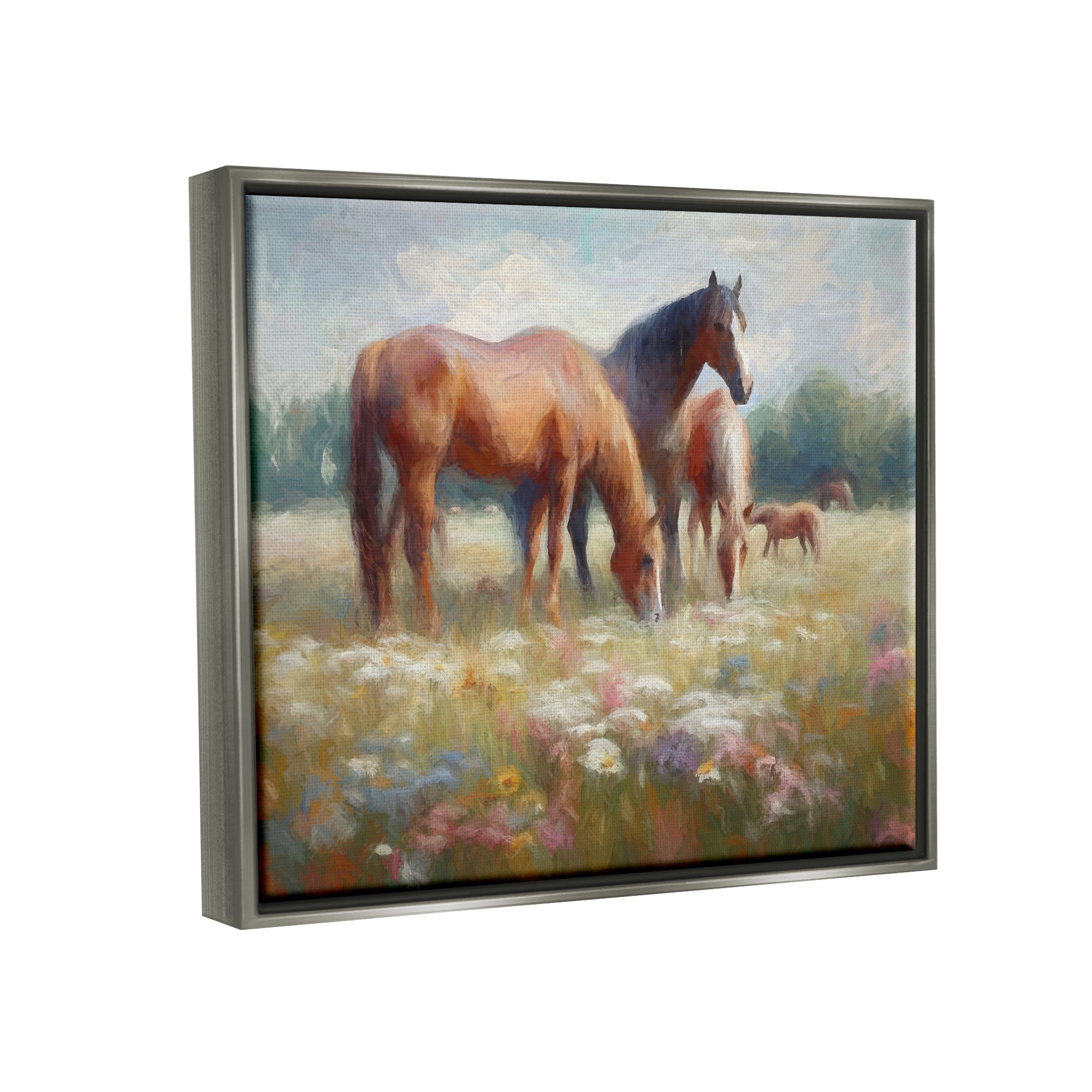 Stupell Industries Horse Family in Meadow Animals & Insects Painting Gray Floater Framed Canvas Art Print Wall Art, 21 x 17
