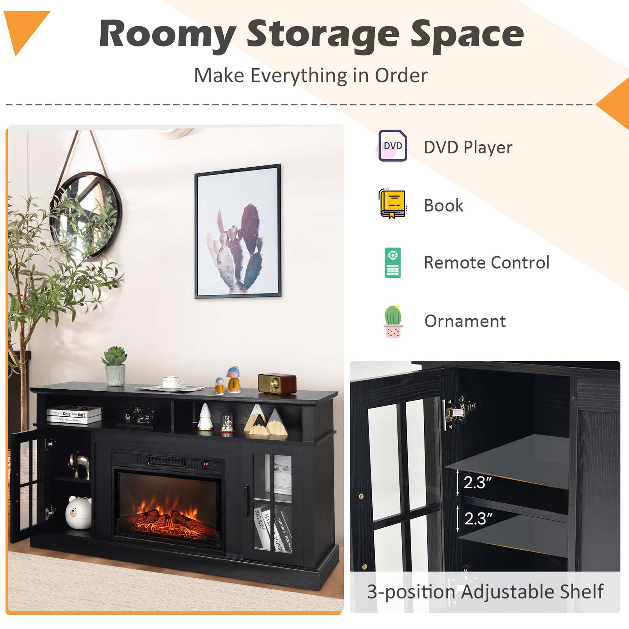 Costway 58'' Fireplace TV Stand W/ 1400W Electric Fireplace for TVs up to 65 Inches Black