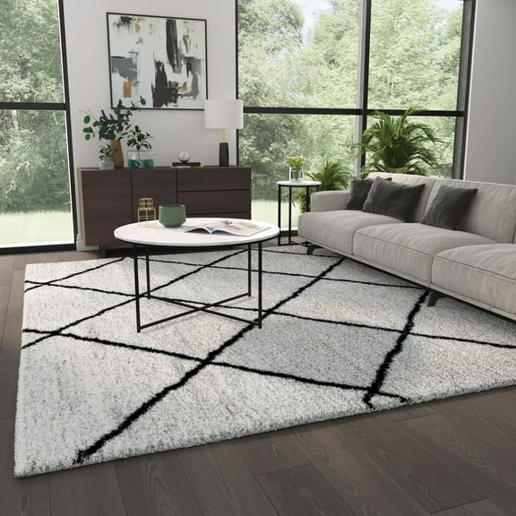 Masada Rugs Modern Contemporary Area Rug, Ivory Black (8 Feet x 10 Feet)