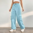 thumbnail image 2 of ZHOUCHANKIDS Cargo Joggers for Women Baggy Straight Leg Sweatpants Drawstring Cinch Bottom High Waisted Pants with Pockets Blue, 2 of 7
