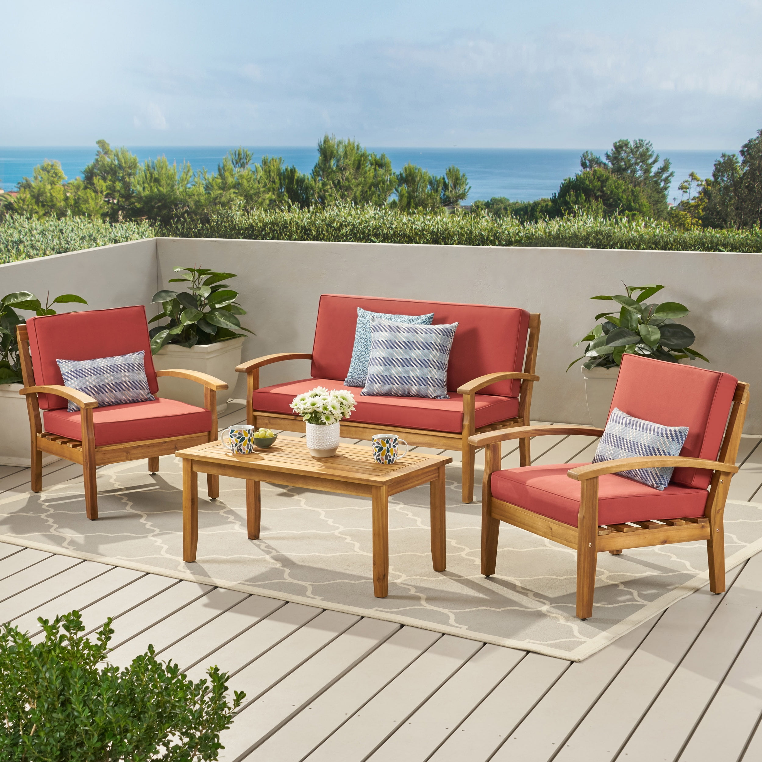 Preston 4 Piece Outdoor Wooden Chat Set with Cushions, Red Walmart