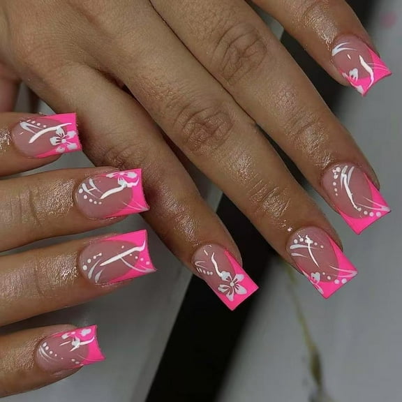 Elegant Glossy Short Square Nails 24Pcs Floral Detail Full Covers Stick on Nails For Daily Wear And Special Event