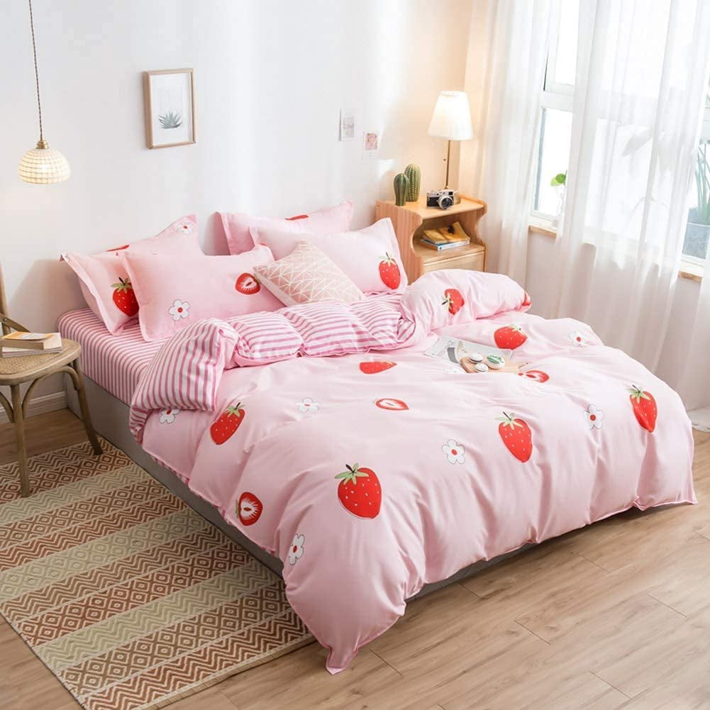 Kawaii Bedding Strawberry Comforter Cover Set Girls Women Kids Kawaii
