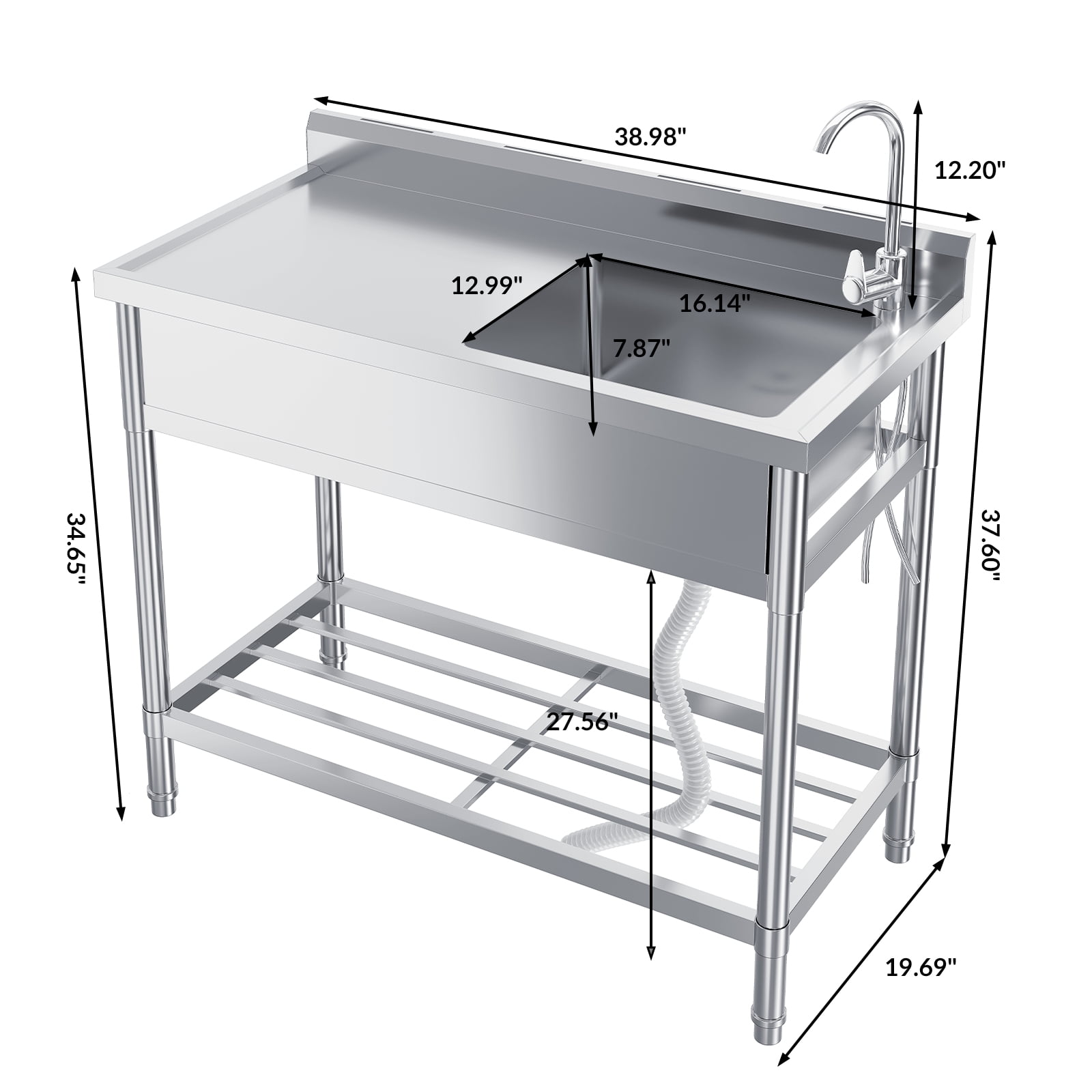 Stainless Steel Utility Sink, 39 Inch Single Bowl Free Standing Sink with Workbench, Faucet & Hot & Cold Water Plumbing for Laundry Room, Kitchen, Garage, Workshop, Outdoor Use, Heavy-Duty