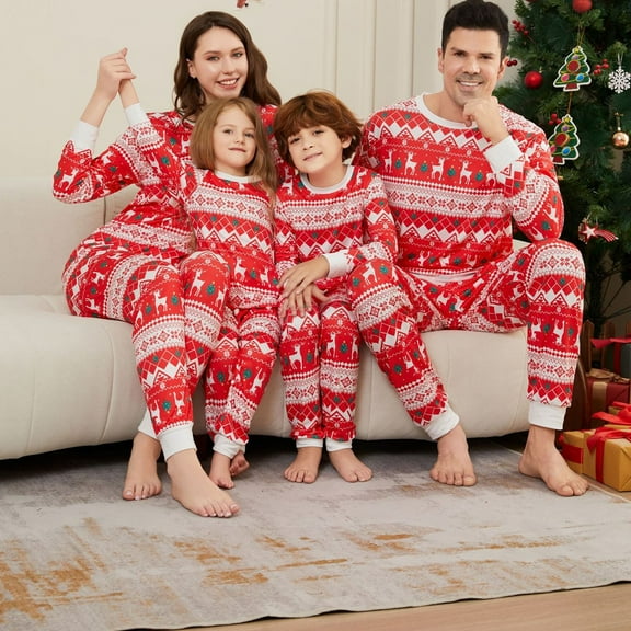 Onlypjs Matching Family Christmas Pajamas Set – Red & White Fair Isle Reindeer Holiday Sleepwear for Women, Men, Couples